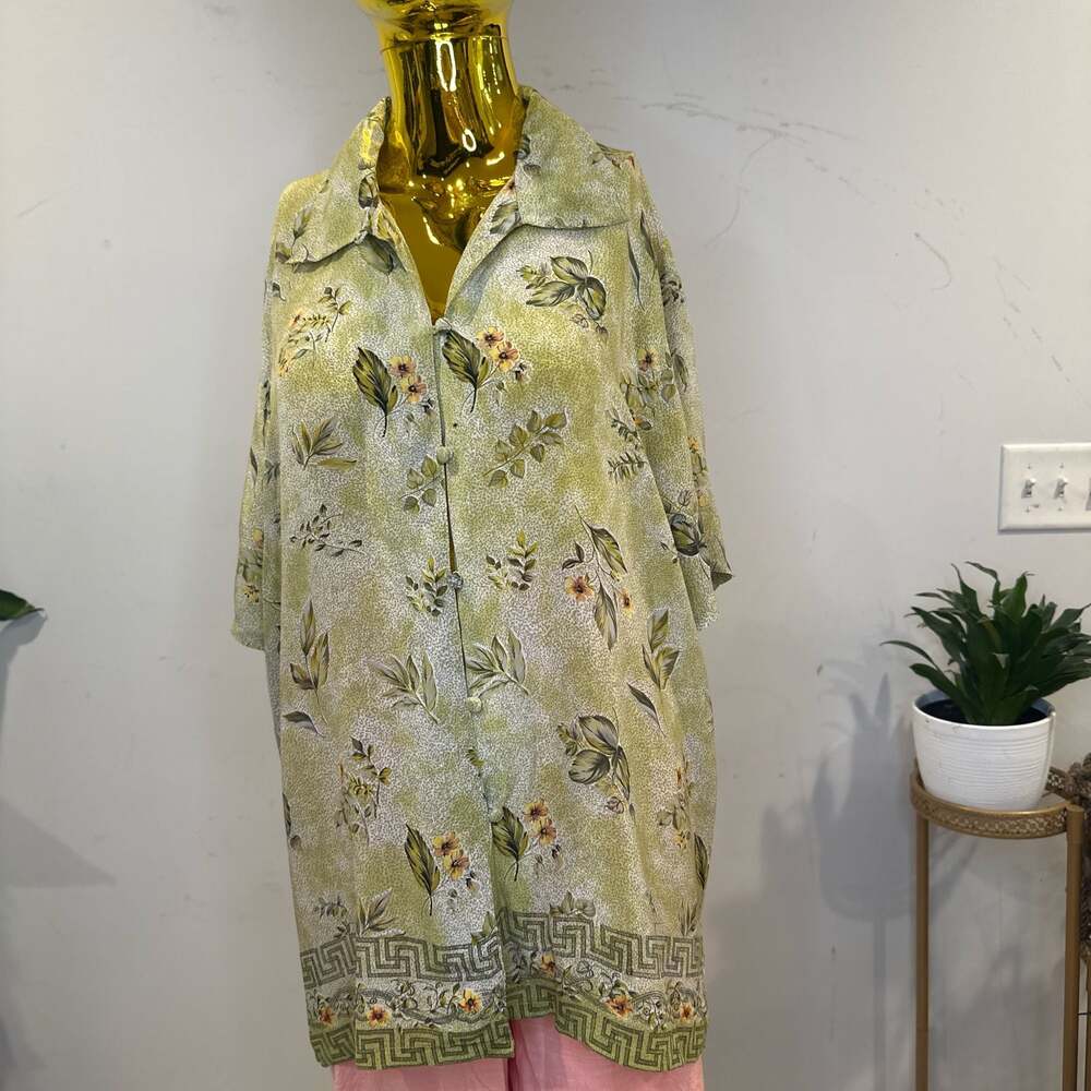 Quo Silk Vintage Green Floral Short Sleeve Silk Blouse Greek Key Border LARGE